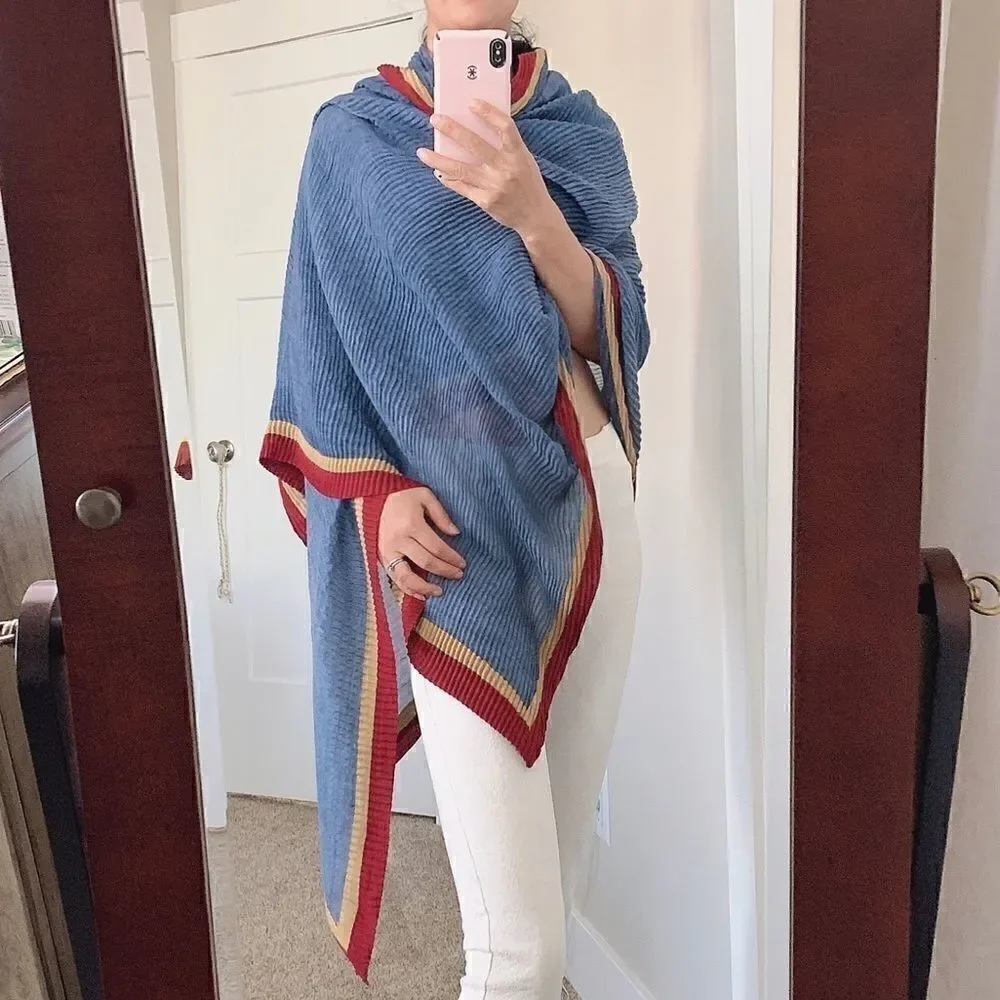Colorblock Handmade Vintage Style Large Size Shawl/Wrap With Pleated Textured